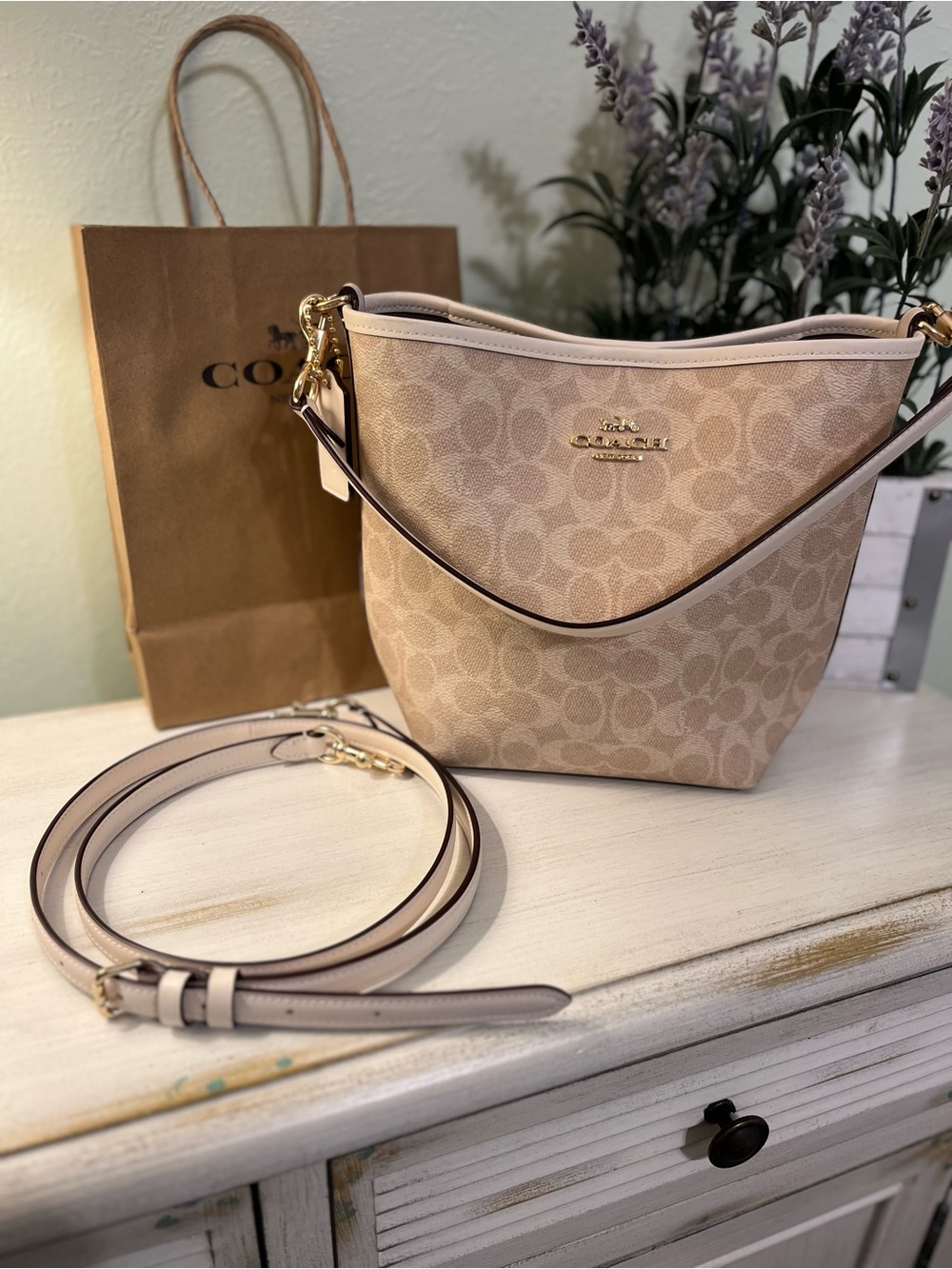 Coach City Bucket Bag Signature Coated Canvas Chalk/Sand NWOT